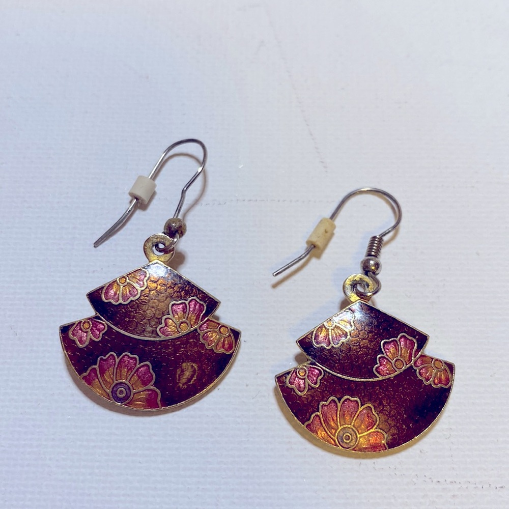 Japanese style cloisonné enamel floral earrings in burgundy